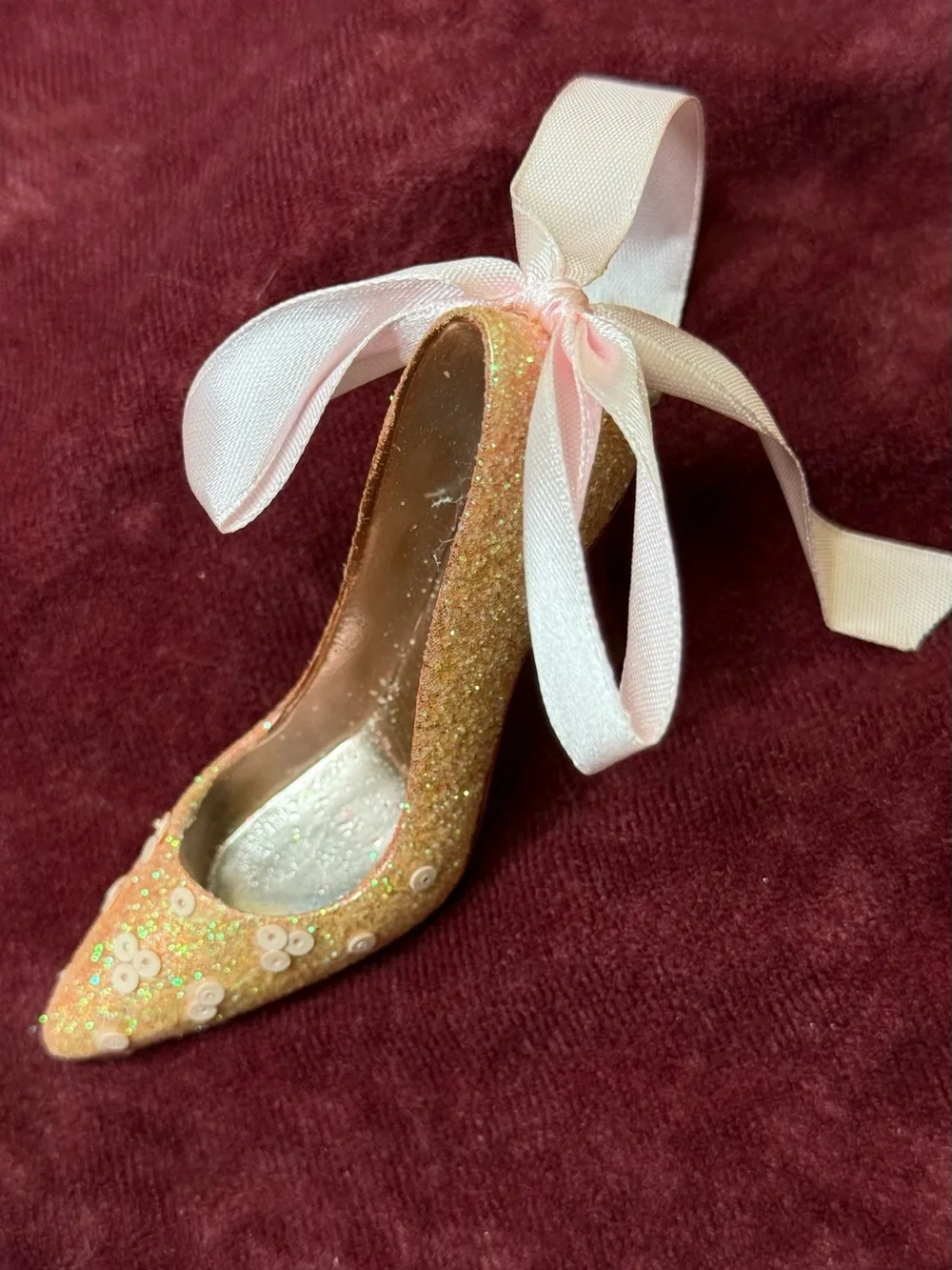 Beautiful Little Fancy Shoe Ornament with Pink Bow and Sequins